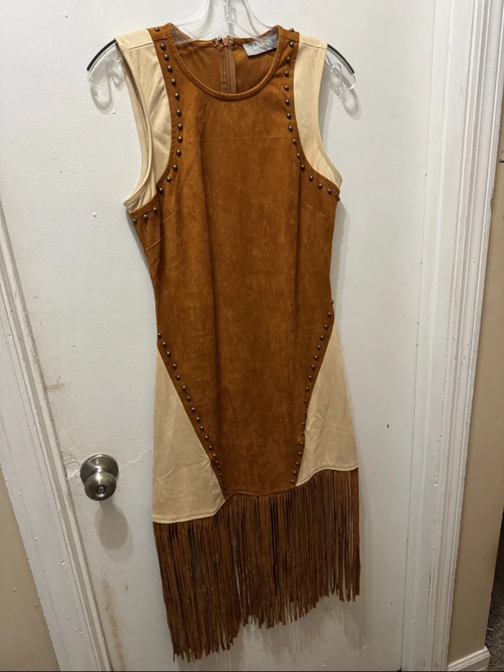 EUC Suede Fringe Sleeveless Dress in Brown and Cream - Picture 1 of 3